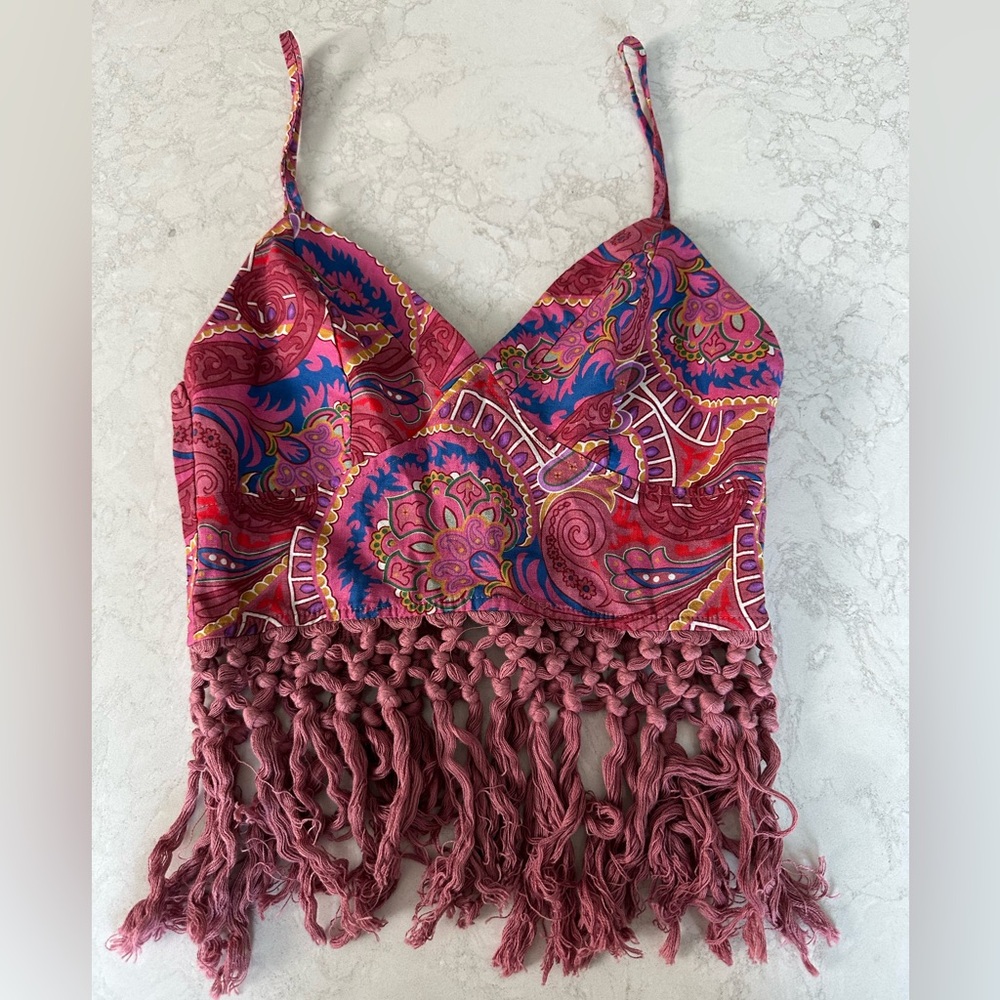 Pink and blue paisley fringe crop top size XS